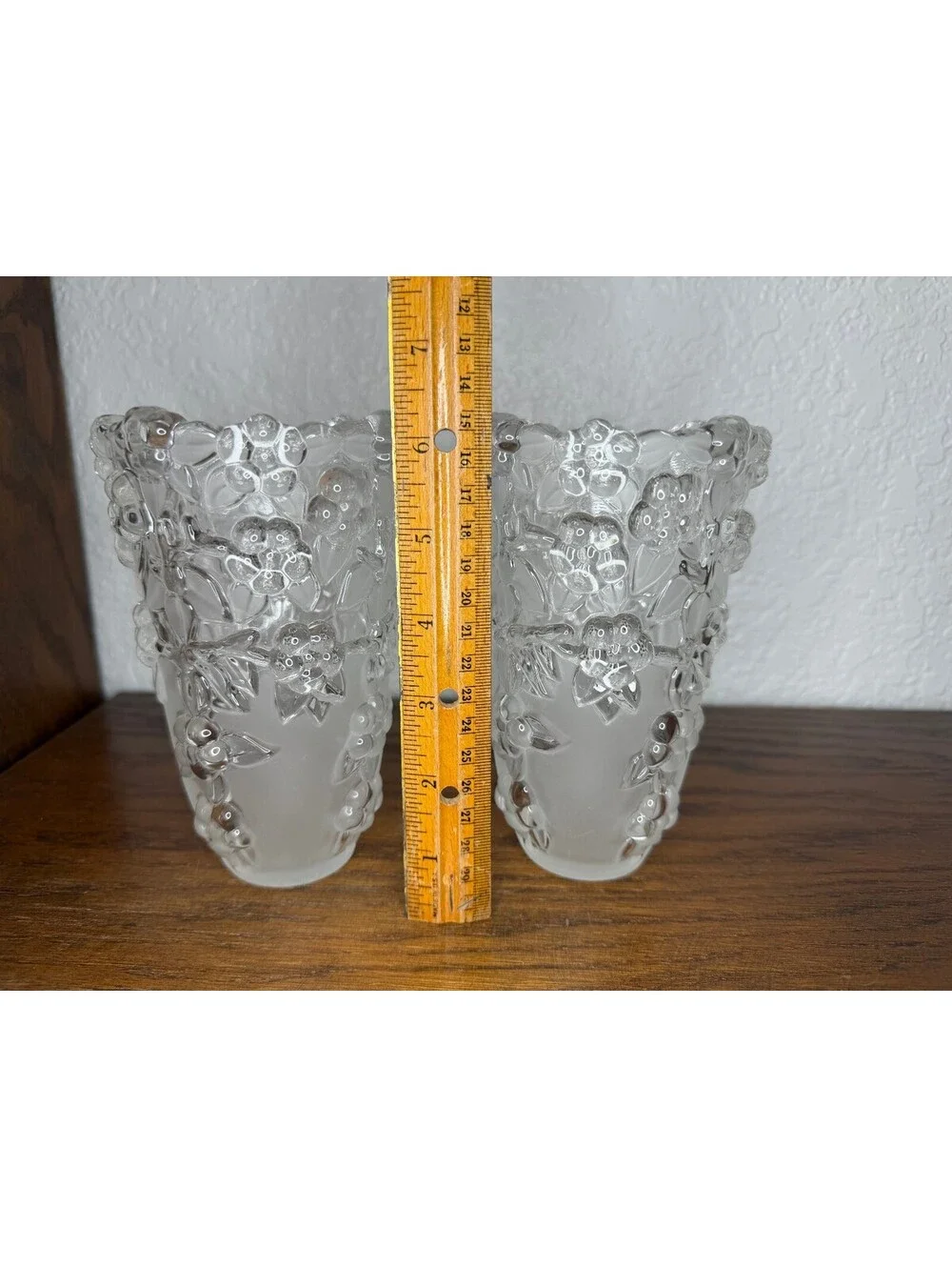 Pair of Frosted Floral Glass Vases – Embossed Flower Design, Vintage Home Décor